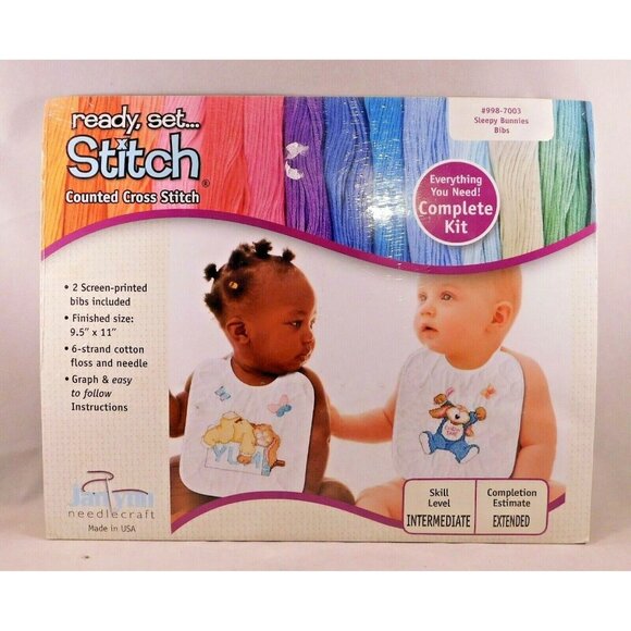 Janlynn Sleepy Bunnies Bibs Counted Cross Stitch Kit 9.5 x 11 #998-7003 NEW - Picture 4 of 4